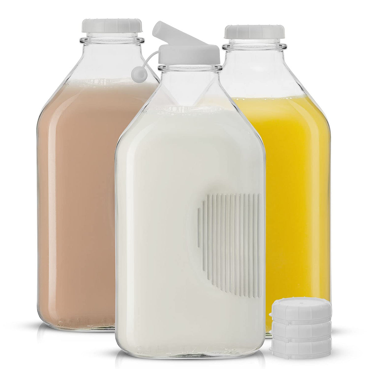 JoyJolt 64oz glass milk bottles with lids, ready for fridge storage and spill-free pouring.