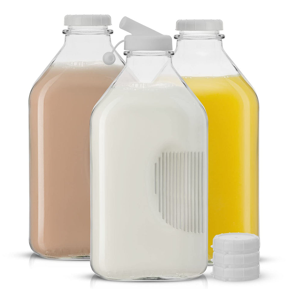 JoyJolt 64oz glass milk bottles with lids, ready for fridge storage and spill-free pouring.