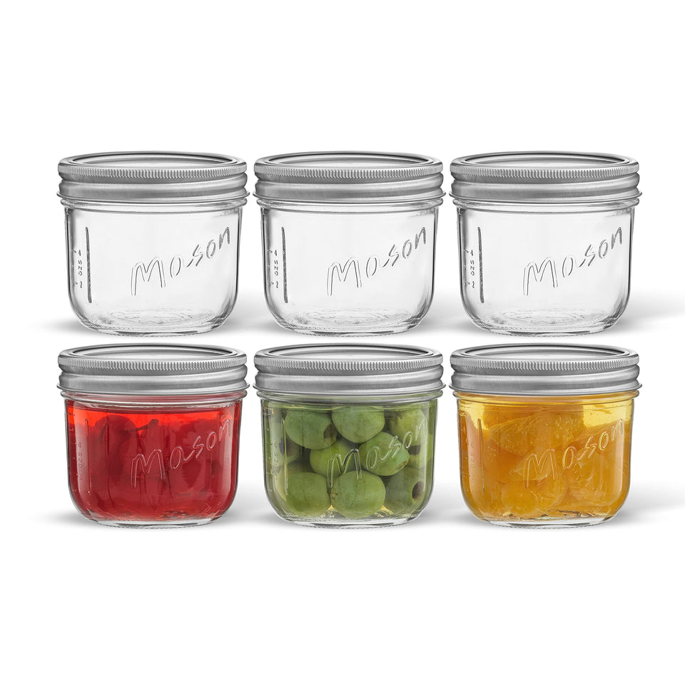 JoyJolt 8oz mason jar with measurements and labels for precise canning.