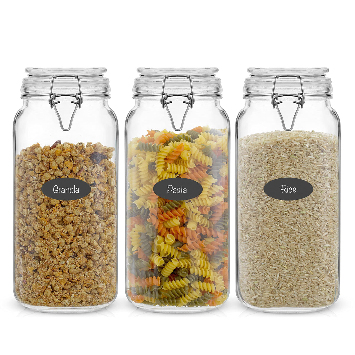 JoyJolt airtight glass jar set 3-pack with secure lids for organized pantry storage.