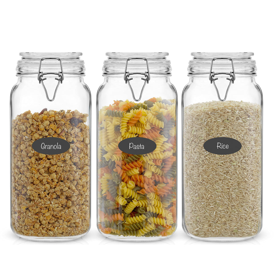 JoyJolt airtight glass jar set 3-pack with secure lids for organized pantry storage.
