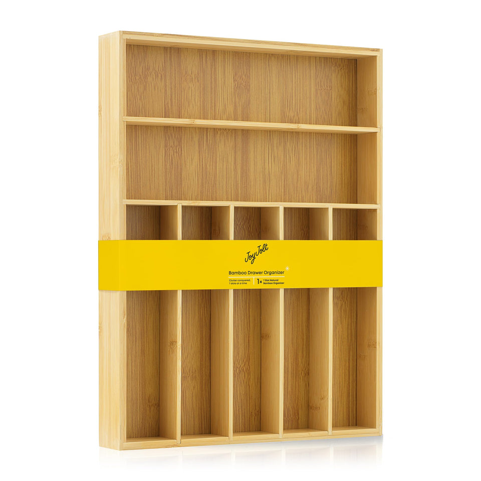 JoyJolt bamboo drawer organizer with seven compartments for tidy cutlery storage.