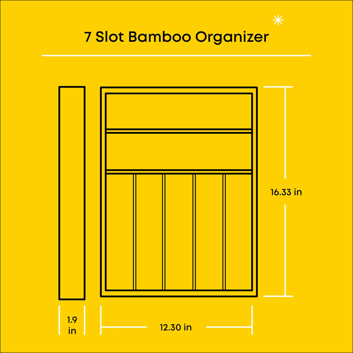 JoyJolt bamboo organizer shows vertical compartments ideal for utensils in a kitchen drawer.