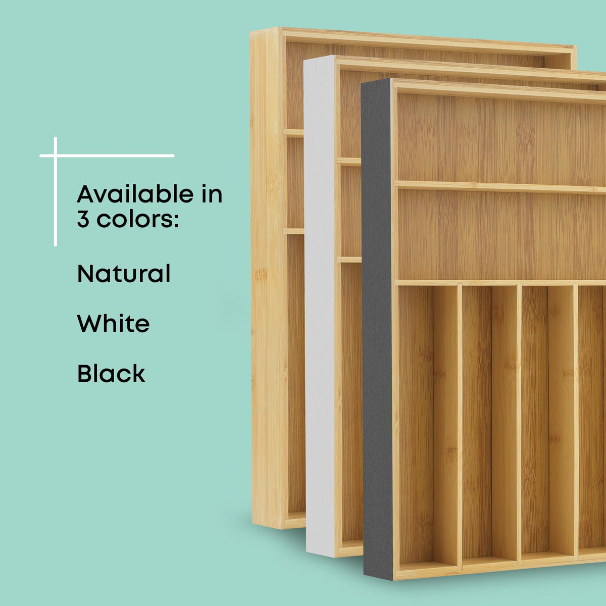 JoyJolt bamboo drawer organizer features wider slots for ladles and spatulas.