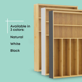 JoyJolt bamboo drawer organizer features wider slots for ladles and spatulas.