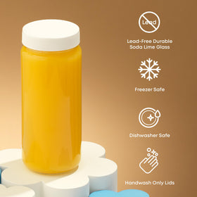 JoyJolt clear 16oz bottle showcases colorful smoothies and cold brews.