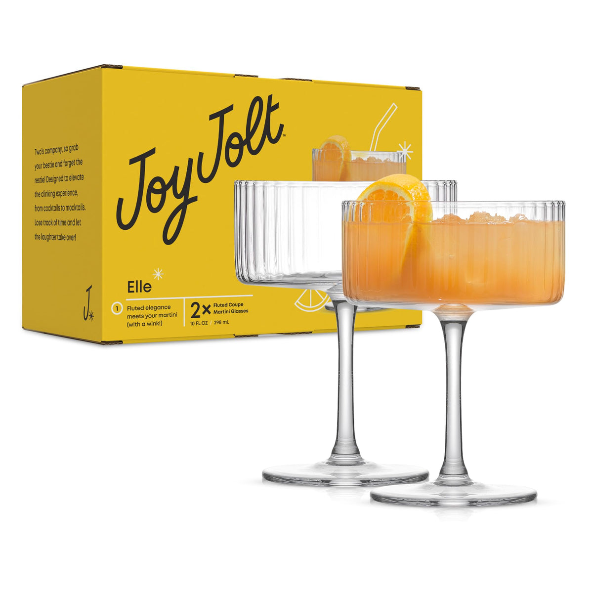 JoyJolt Elle fluted coupe glasses with ribbed texture, ideal for cocktails and champagne.