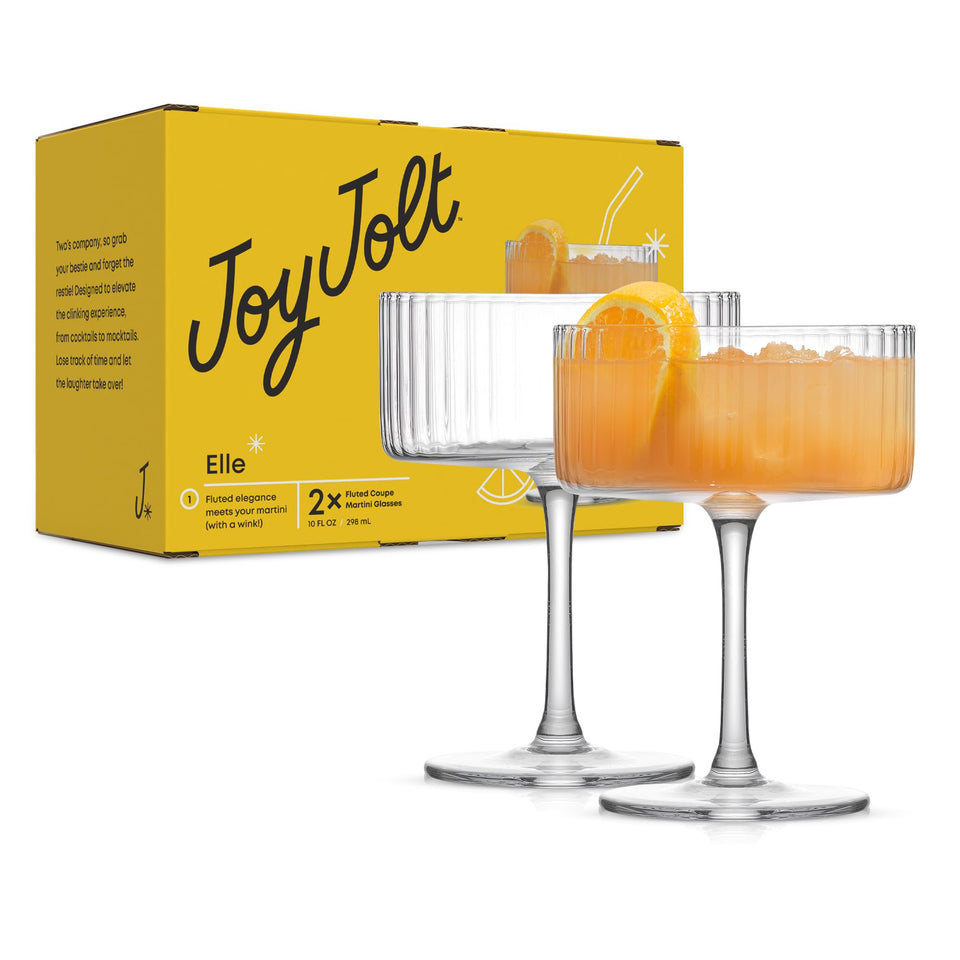 JoyJolt Elle fluted coupe glasses with ribbed texture, ideal for cocktails and champagne.
