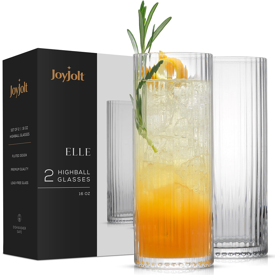 JoyJolt Elle fluted highball glass with 16oz capacity for cocktails.