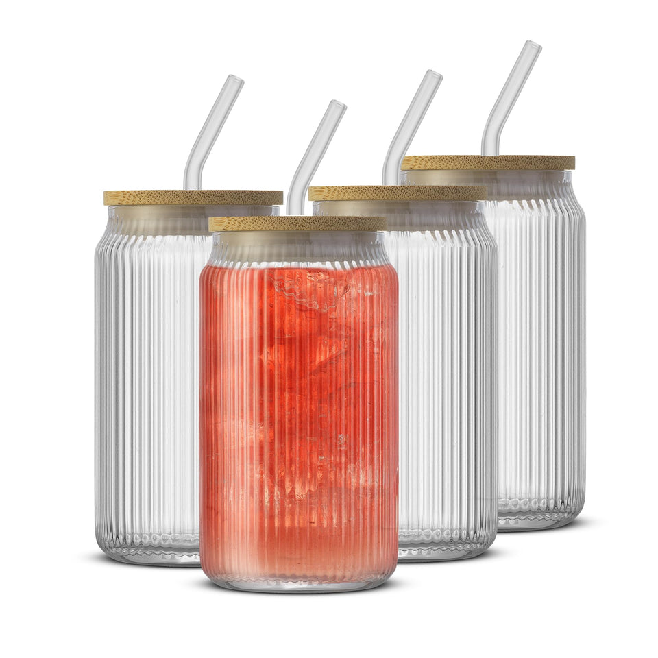 JoyJolt fluted glass tumblers with bamboo lids for stylish, versatile serving.