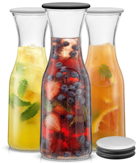 JoyJolt glass carafe with lids and packaging highlights durable build for easy hosting