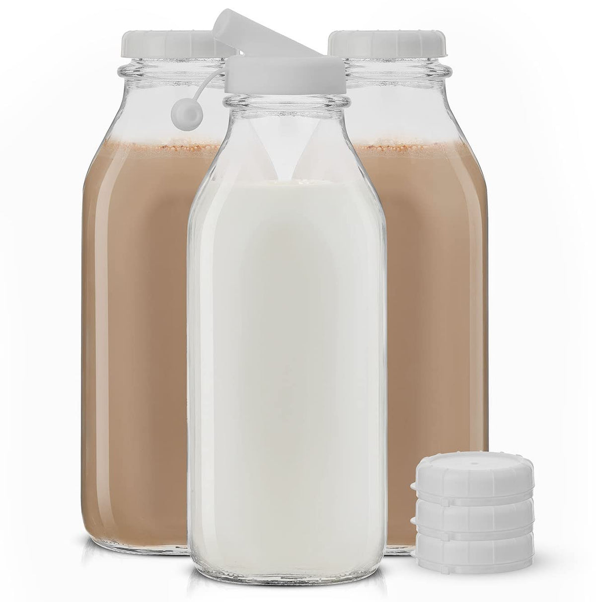 JoyJolt 32oz glass milk bottle with pourer for mess-free pouring.