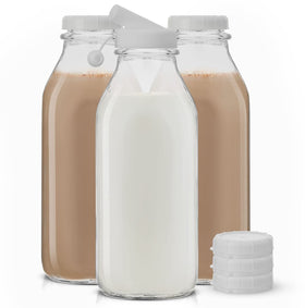 JoyJolt 32oz glass milk bottle with pourer for mess-free pouring.