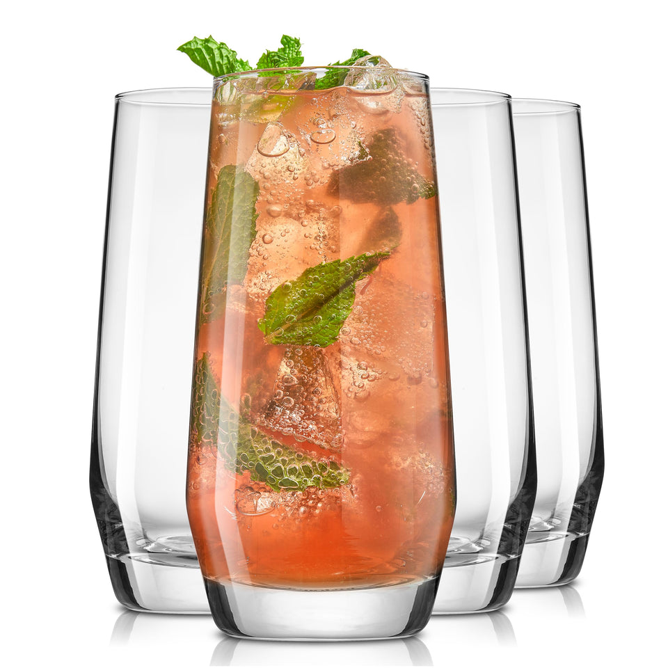 JoyJolt Gwen highball glass with lava lamp shape enhances sunset cocktails.