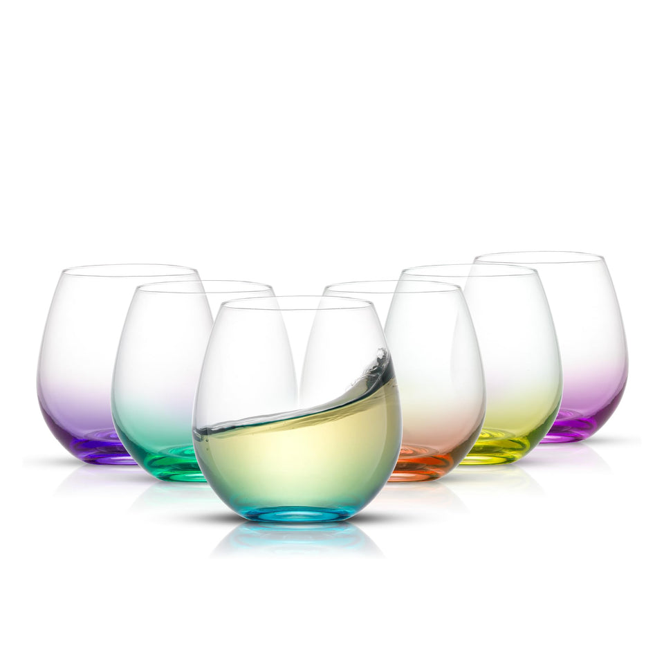 JoyJolt Hue 6pc stemless wine glasses with ombre bases for colorful entertaining.