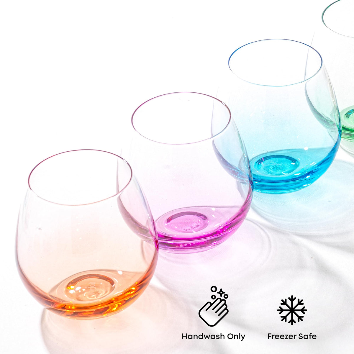 JoyJolt Hue freezer-safe glasses chilling beverages before serving.