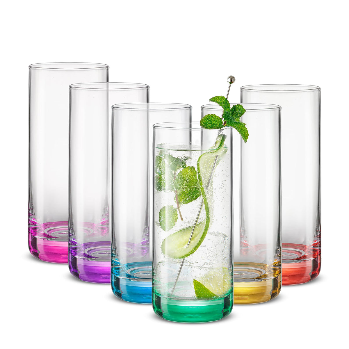 JoyJolt Hue highball glasses 6-piece set in bright colors for home entertaining.