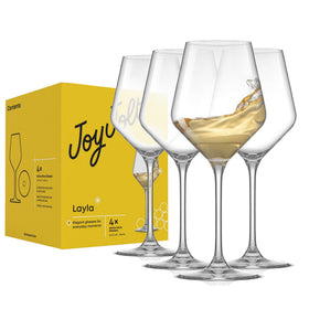 JoyJolt Layla white wine glasses set of 4 in clear crystal for entertaining.