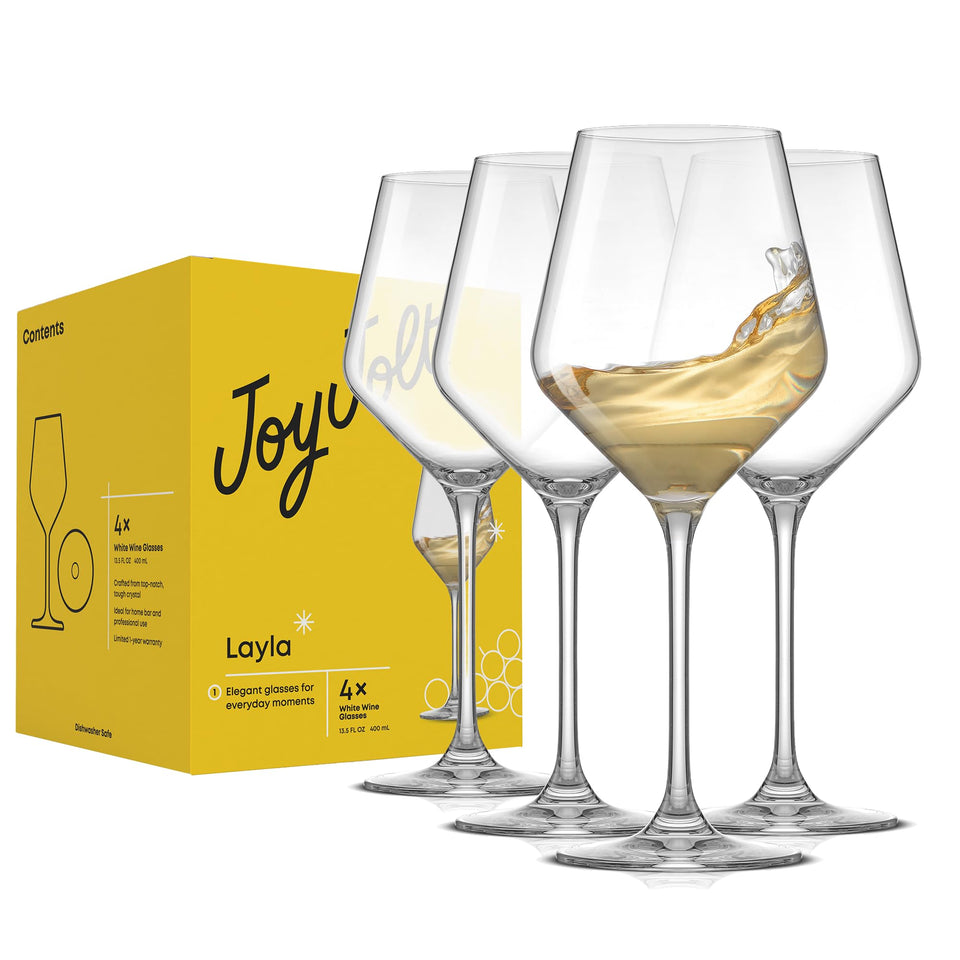 JoyJolt Layla white wine glasses set of 4 in clear crystal for entertaining.