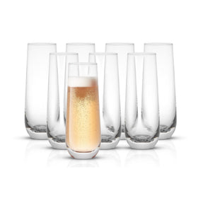 JoyJolt Milo stemless champagne flutes with crystal clarity for sparkling presentations.