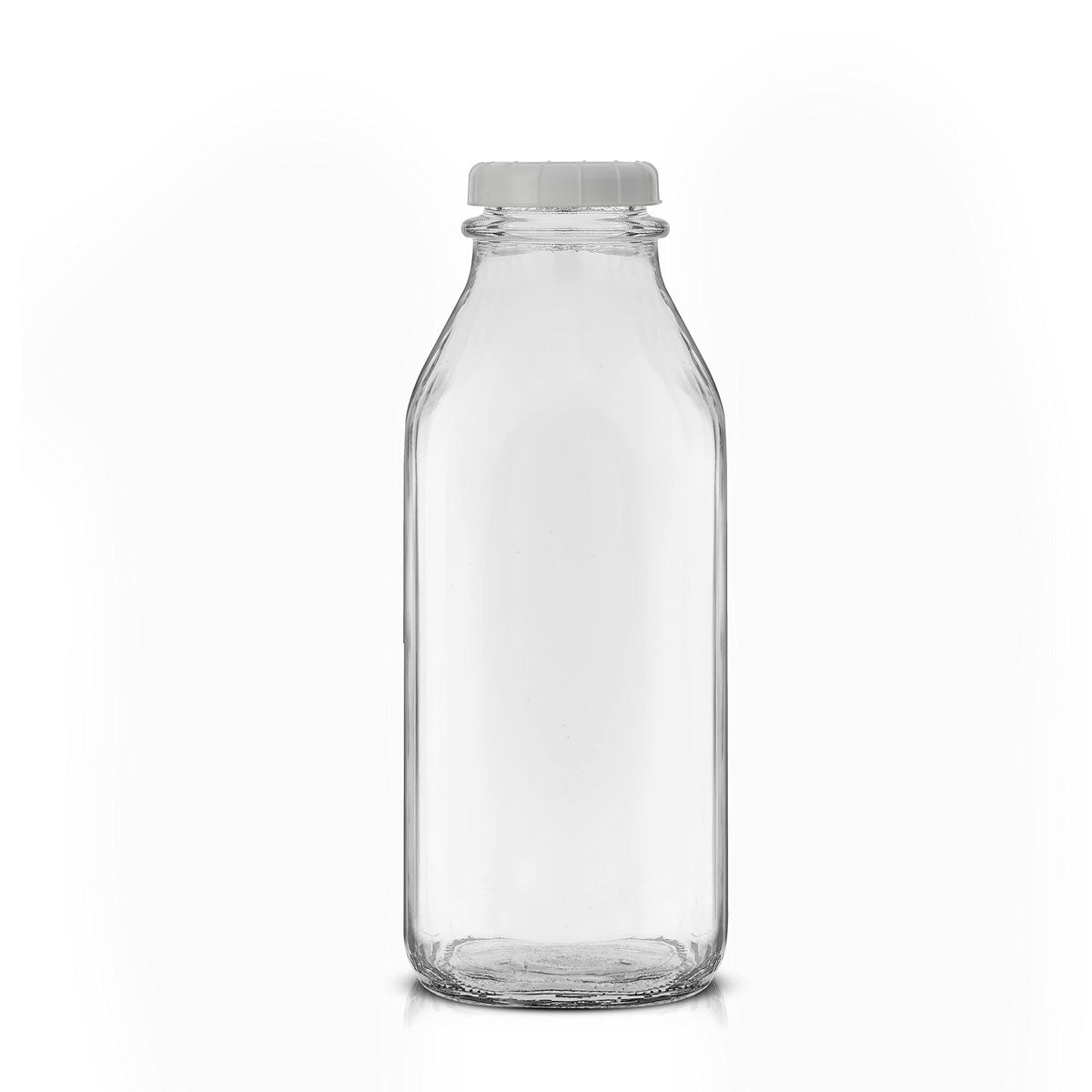 Reusable glass bottle ideal for milk, juice, or water storage.