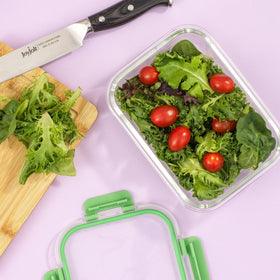 JoyJolt round 32oz borosilicate container with secure clips