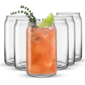 JoyJolt six-pack 16oz beer can glasses, versatile for beer or cocktails.
