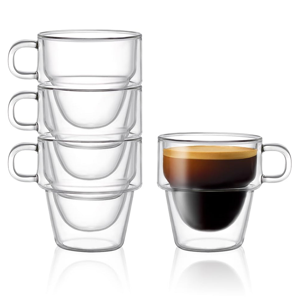 JoyJolt Stoiva double-wall espresso cups retain heat while highlighting coffee color.