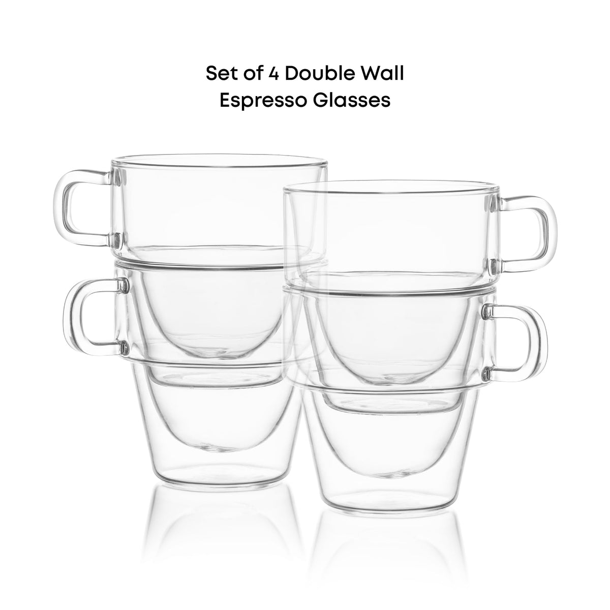 JoyJolt Stoiva glass cups emphasize the floating espresso illusion.