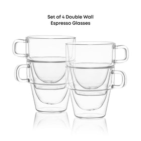 JoyJolt Stoiva glass cups emphasize the floating espresso illusion.