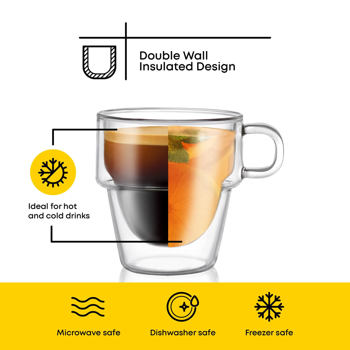 JoyJolt Stoiva stackable espresso glasses save space in cabinets.