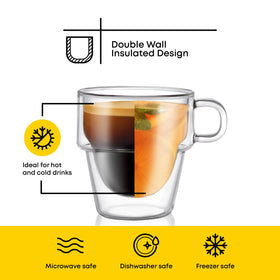 JoyJolt Stoiva stackable espresso glasses save space in cabinets.
