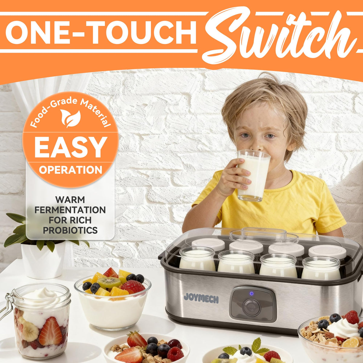 JoyMech Yogurt Maker eight glass jars ready for customizable flavors.