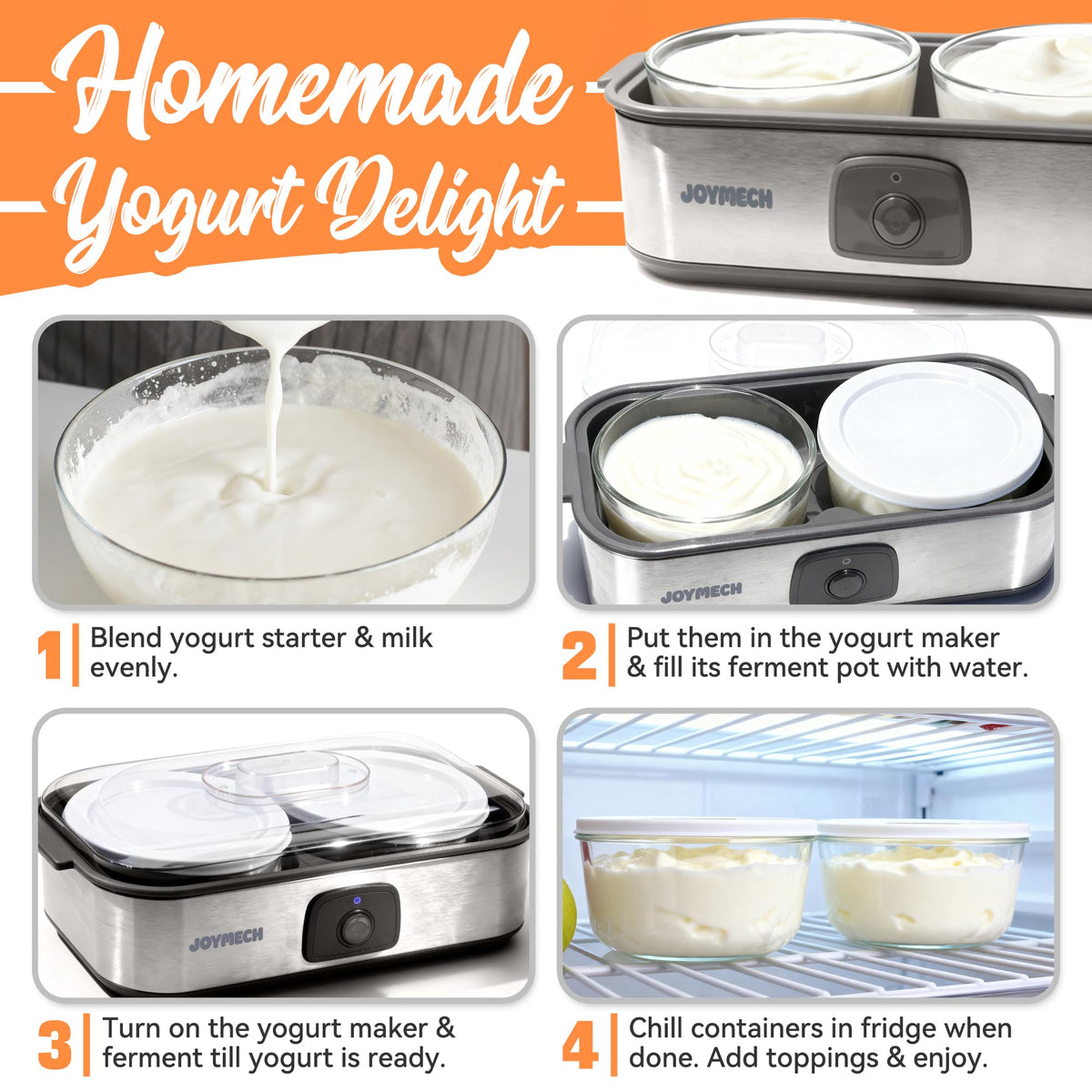 JoyMech yogurt maker one touch control for simple operation.