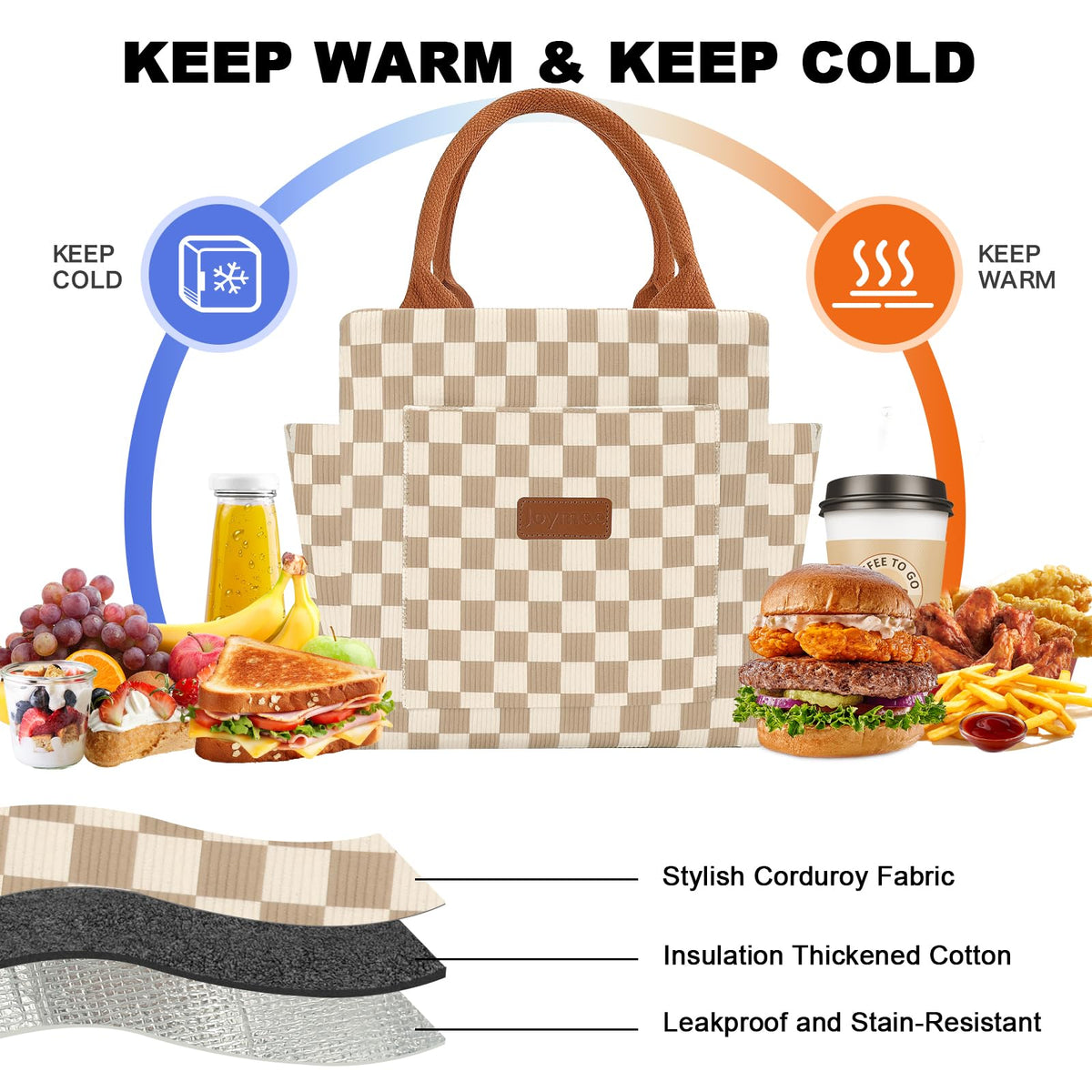 Joymee lunch bag inner-liner view reveals leakproof, easy-clean insulated interior