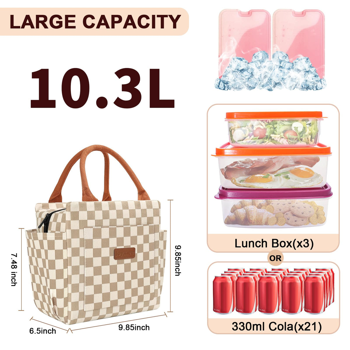 Joymee lunch bag side-pocket view showing extra storage for bottle