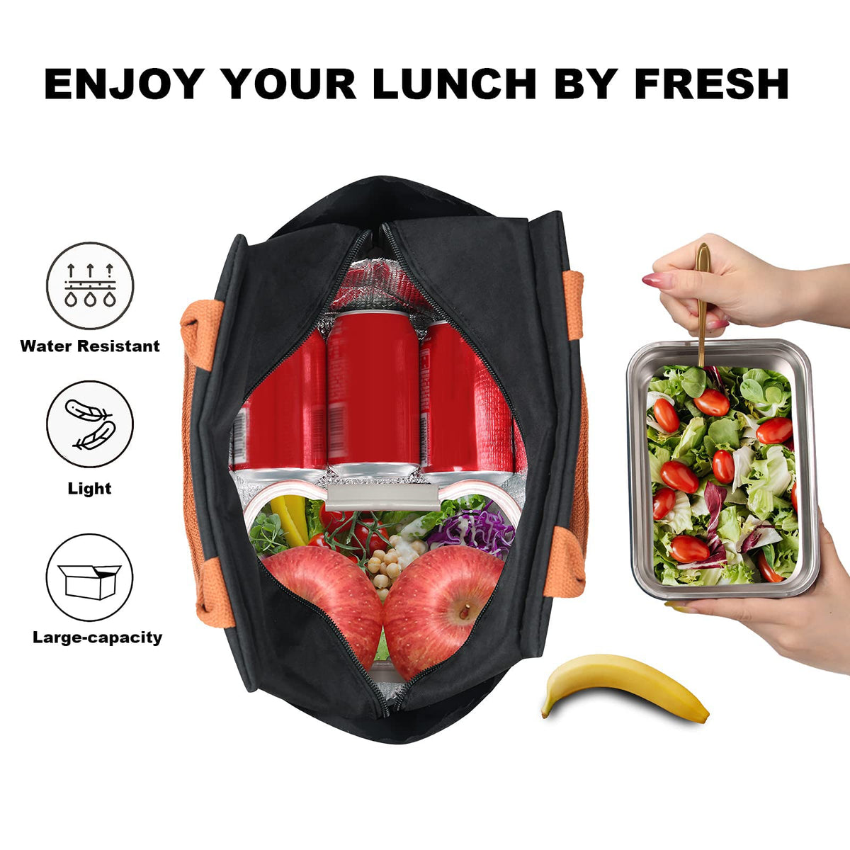 Joymee lunch bag front utensil pocket keeps cutlery organized.