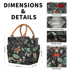 Joymee lunch bag side pocket with green leaf design, convenient for utensils and keys.