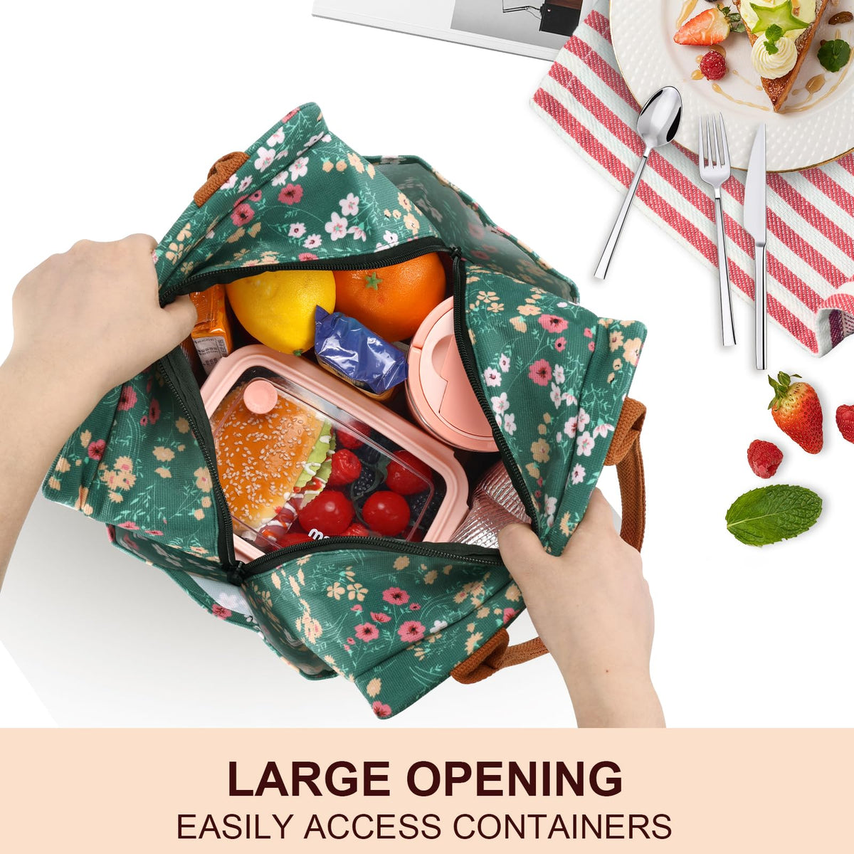 Joymee insulated lunch bag showing foil lining to keep foods fresh