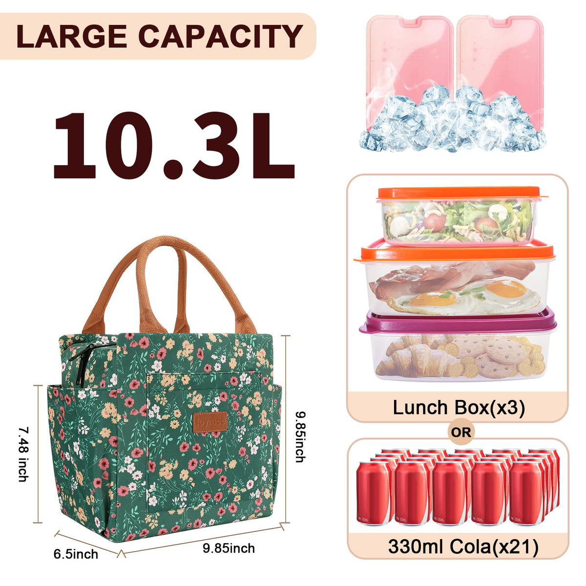 Joymee large-capacity main compartment fits bento boxes, snacks, and drinks