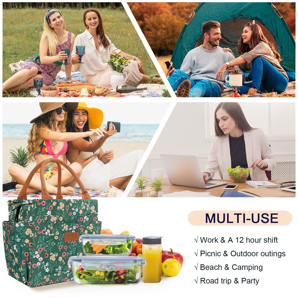 Joymee lunch bag large opening provides quick access to containers