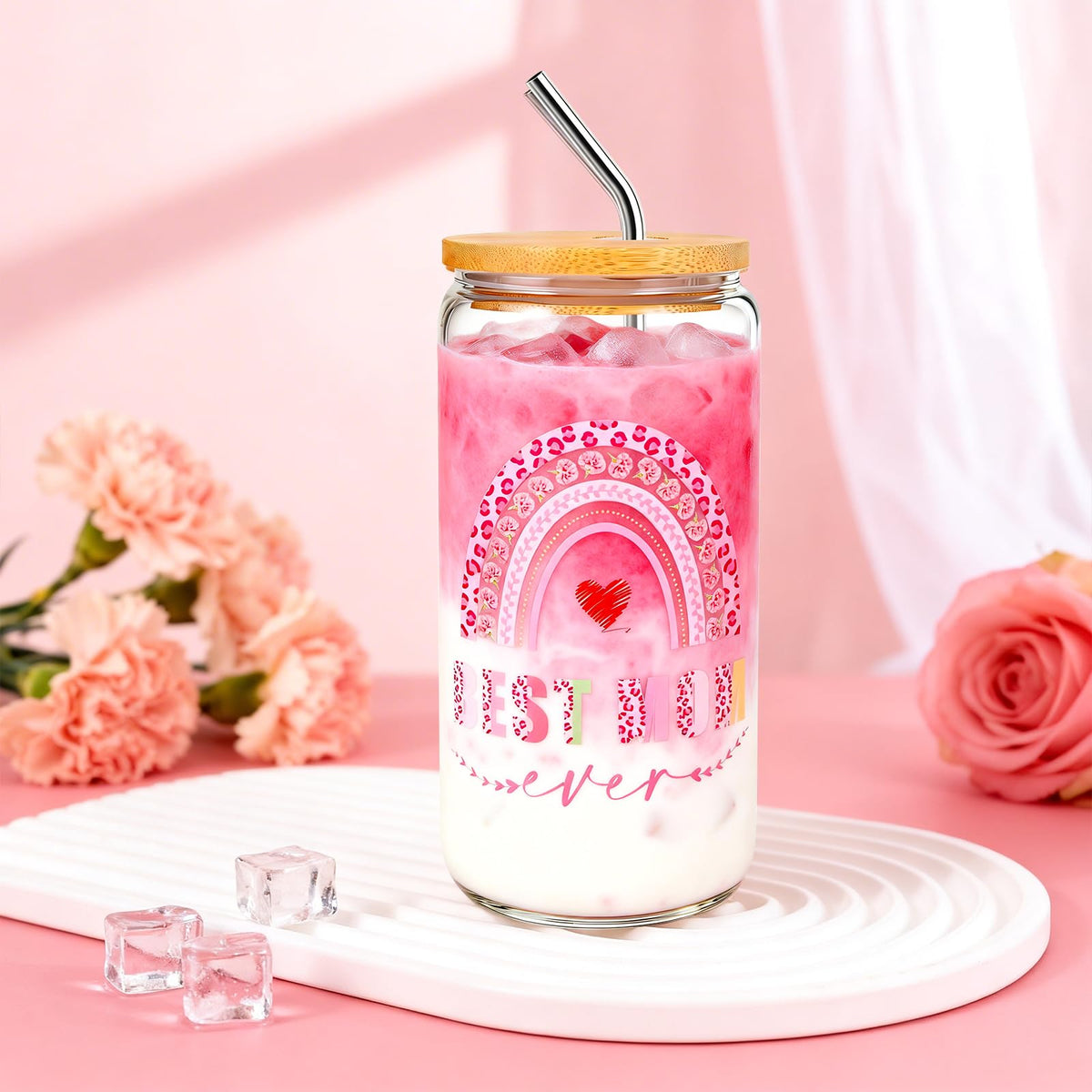 Joyofun Best Mom Ever Gift 16oz Glass Cup—lid and straw for easy sipping.