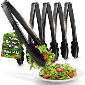JoyServe 9-inch plastic serving tongs, black, ideal for buffet trays and simple, safe serving.