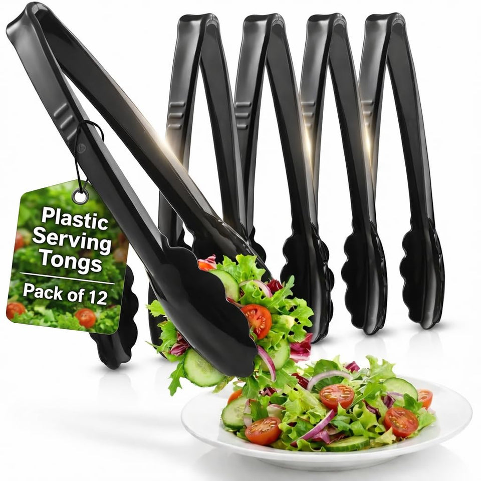 JoyServe 9-inch plastic serving tongs, black, ideal for buffet trays and simple, safe serving.