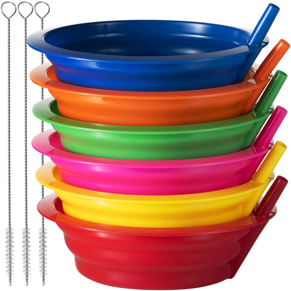 JoyServe cereal bowls with built-in straw, six-pack, spill-reducing design for kids