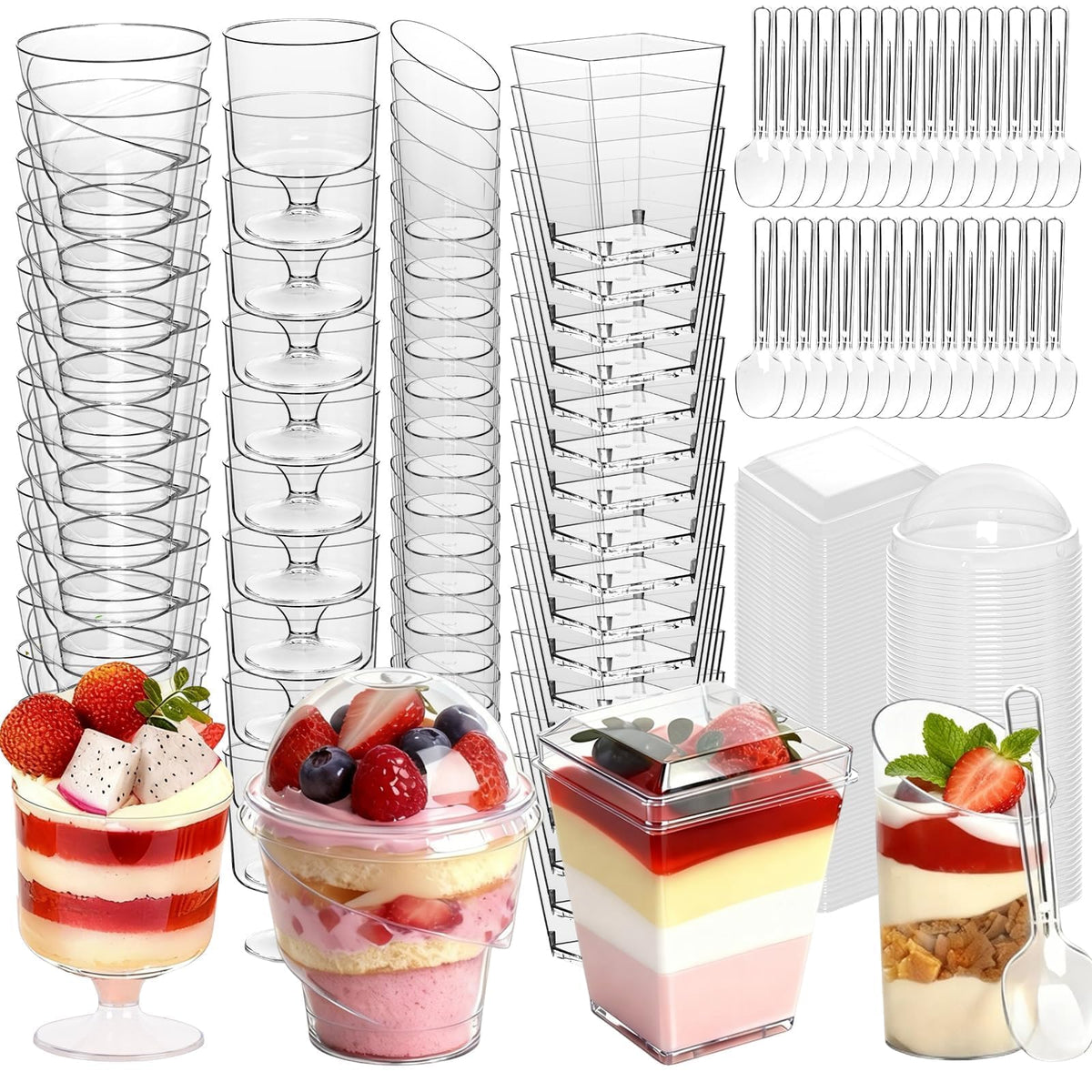 JPPSUJJ square dessert cups with lids and spoons for elegant service and secure transport.