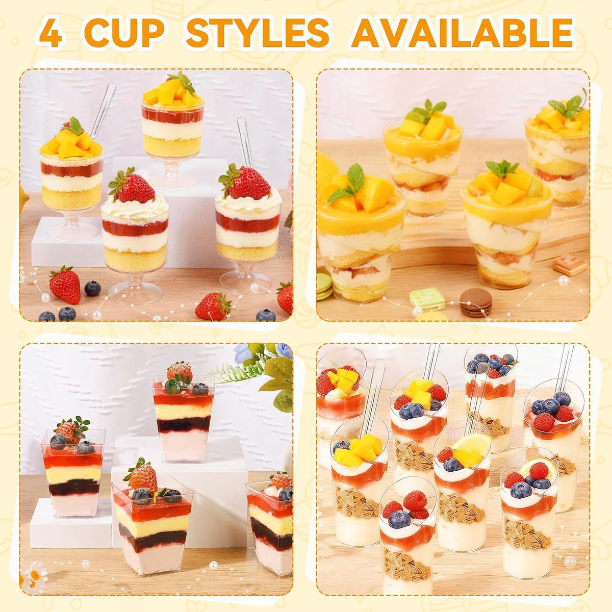 JPPSUJJ round dessert cups with lids for easy grab-and-go parfaits.