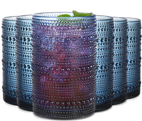 JPPSUJJ Blue Hobnail Glasses front view, 15 oz capacity for cocktails