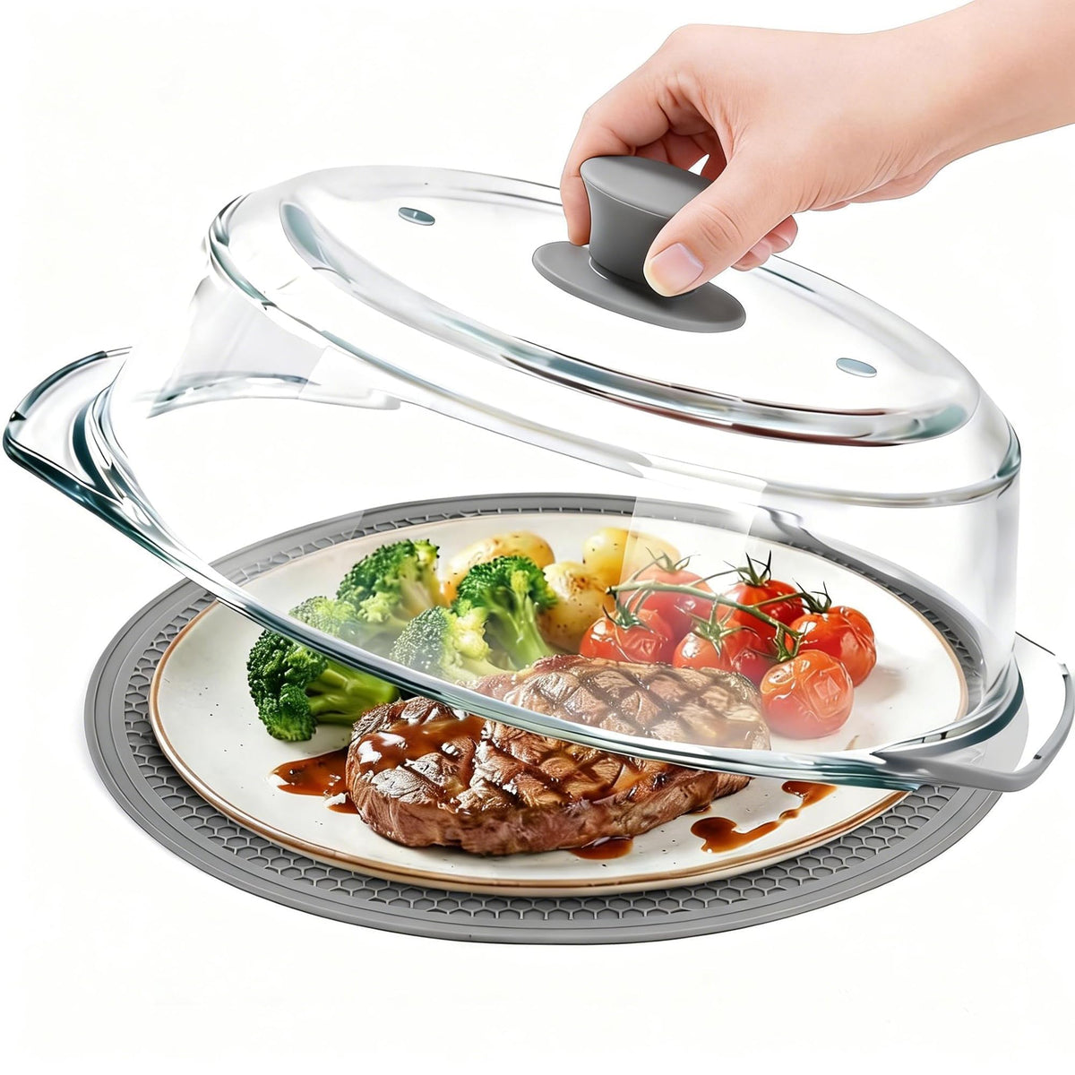 JPPSUJJ glass microwave splatter cover for mess-free heating and easy cleanup.