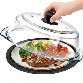 JPPSUJJ glass microwave splatter cover viewed top with vented lid for mess-free reheating